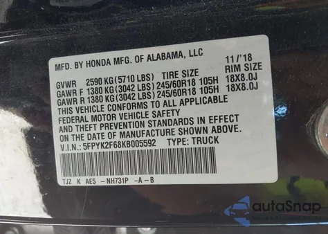 2019 Honda Ridgeline Rtl-T from USA, damaged, VIN 5FPYK2F68KB005592